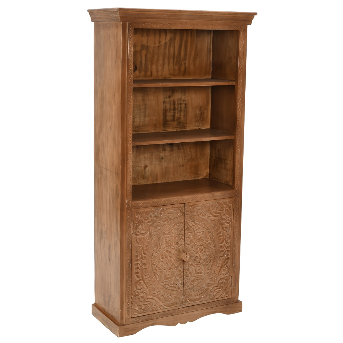 Indian Hub Artwork Solid Mango Wood Large Corner Bookcase with Cupboard – Handcrafted Corner Storage