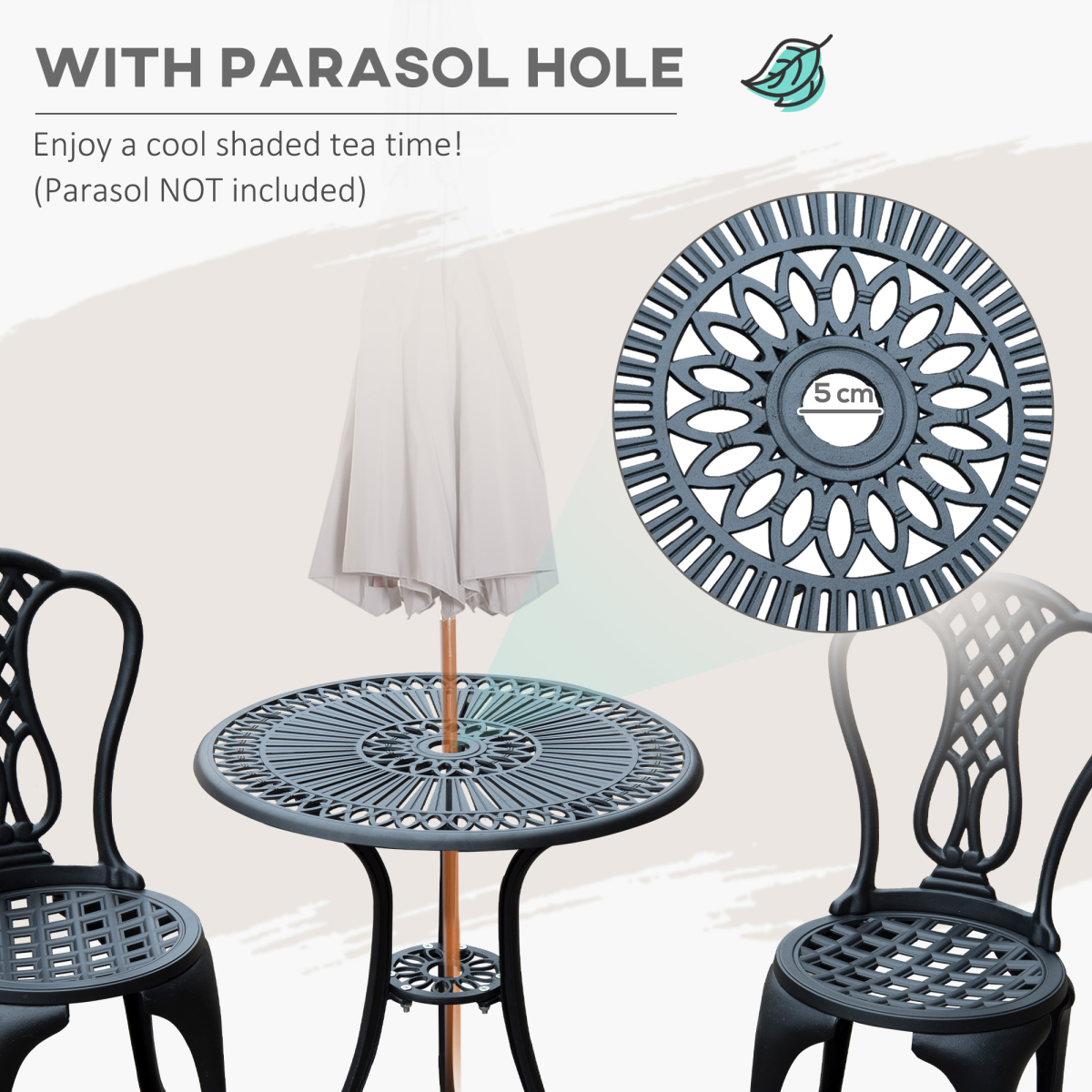 Outsunny 3-Piece Cast Aluminium Bistro Set with Parasol Hole – Garden Table & 2 Chairs for Patio