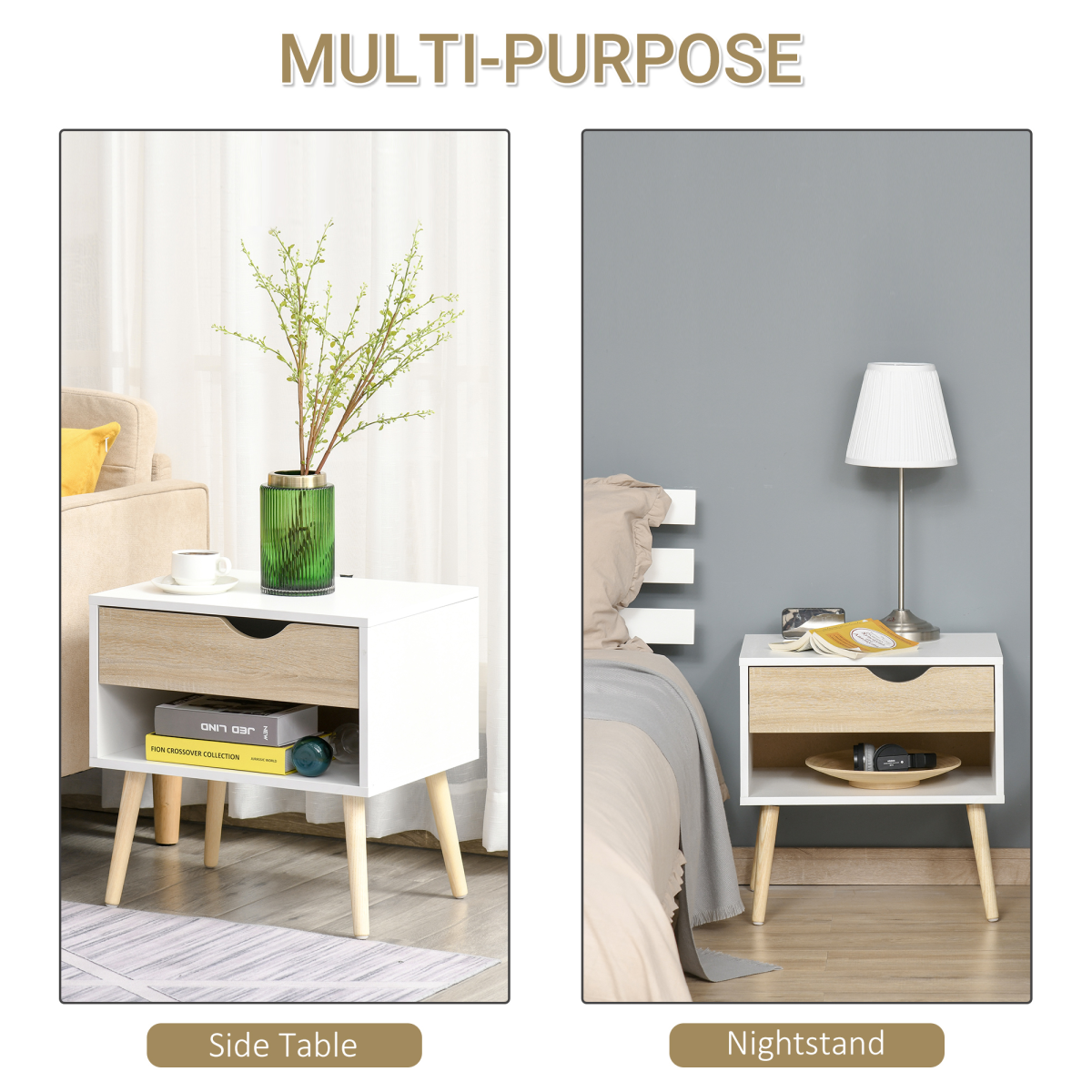 HOMCOM Bedside Table with Drawer and Open Shelf – Modern Nightstand and Side Table with Solid Wood Legs