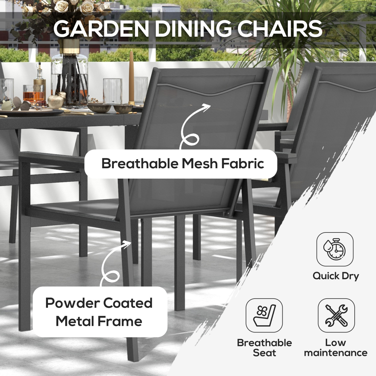 Outsunny 7-Piece Garden Dining Set with Tempered Glass Table and 6 Mesh Chairs – Patio Furniture, Grey