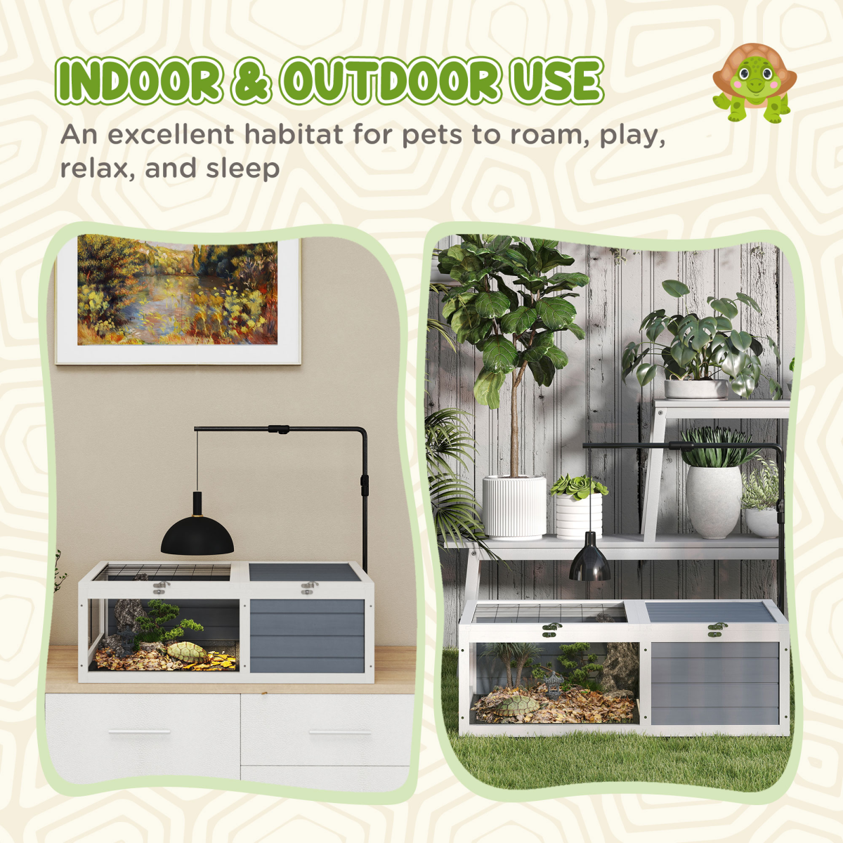 Wooden Tortoise House with Run, Adjustable Lamp Holder, Hide Box & Double Trays – Grey & White