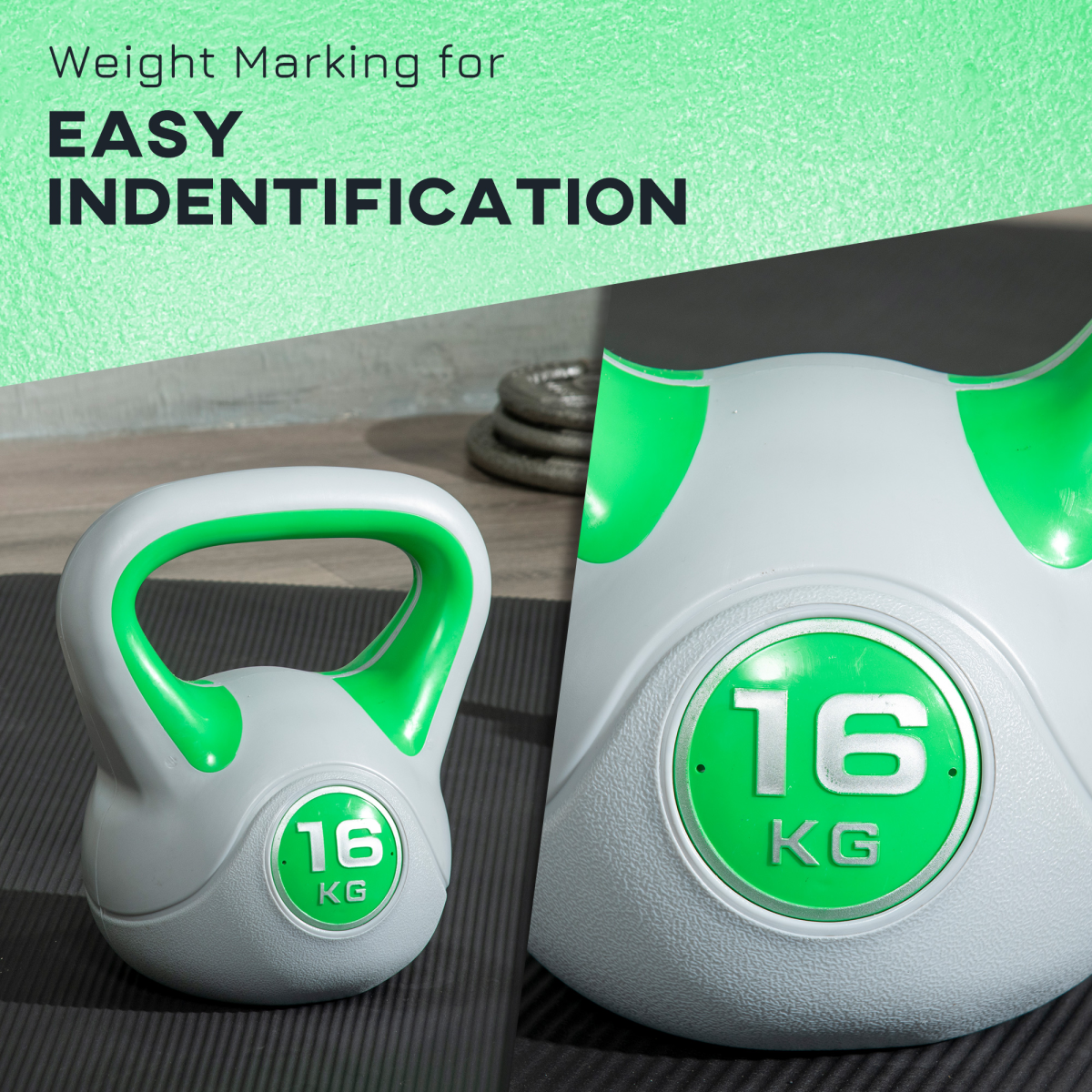 SPORTNOW 16kg Kettlebell with Wide Handle and Plastic Coating – Home Gym Strength Training Weight, Green and Grey