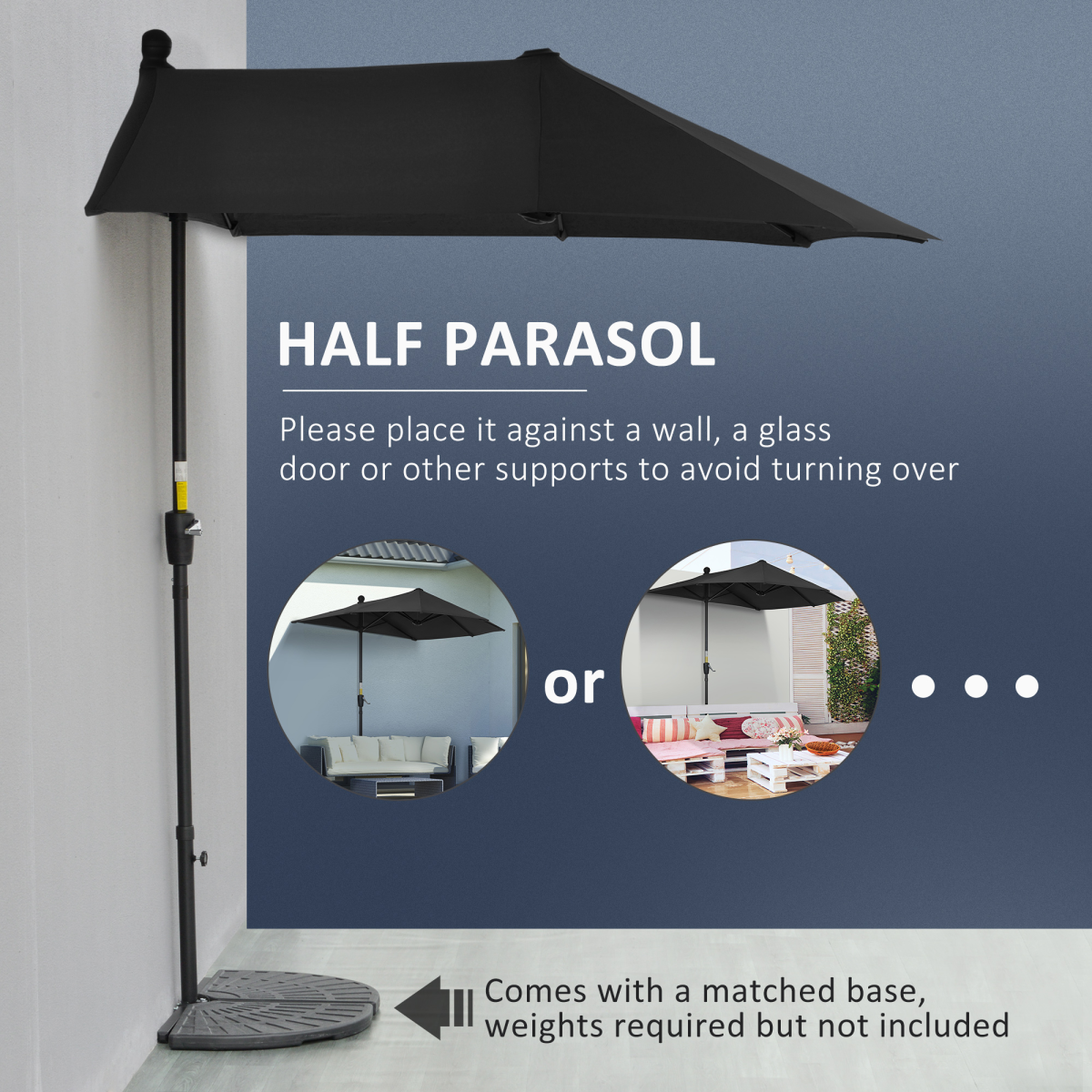 Outsunny 2m Half Garden Parasol with Crank Handle & Double-Sided Canopy – Wall-Side Shade, Black Base