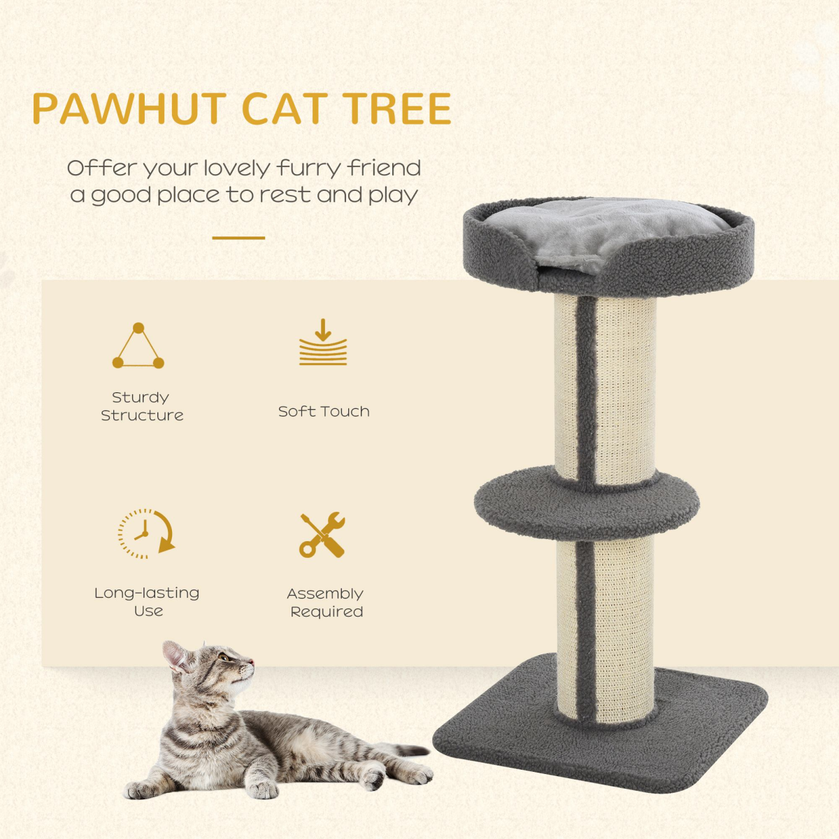 PAWHUT 91cm Cat Tree with Sisal Scratching Post and Plush Top Perch – Kitten Activity Tower, Lamb Cashmere Style