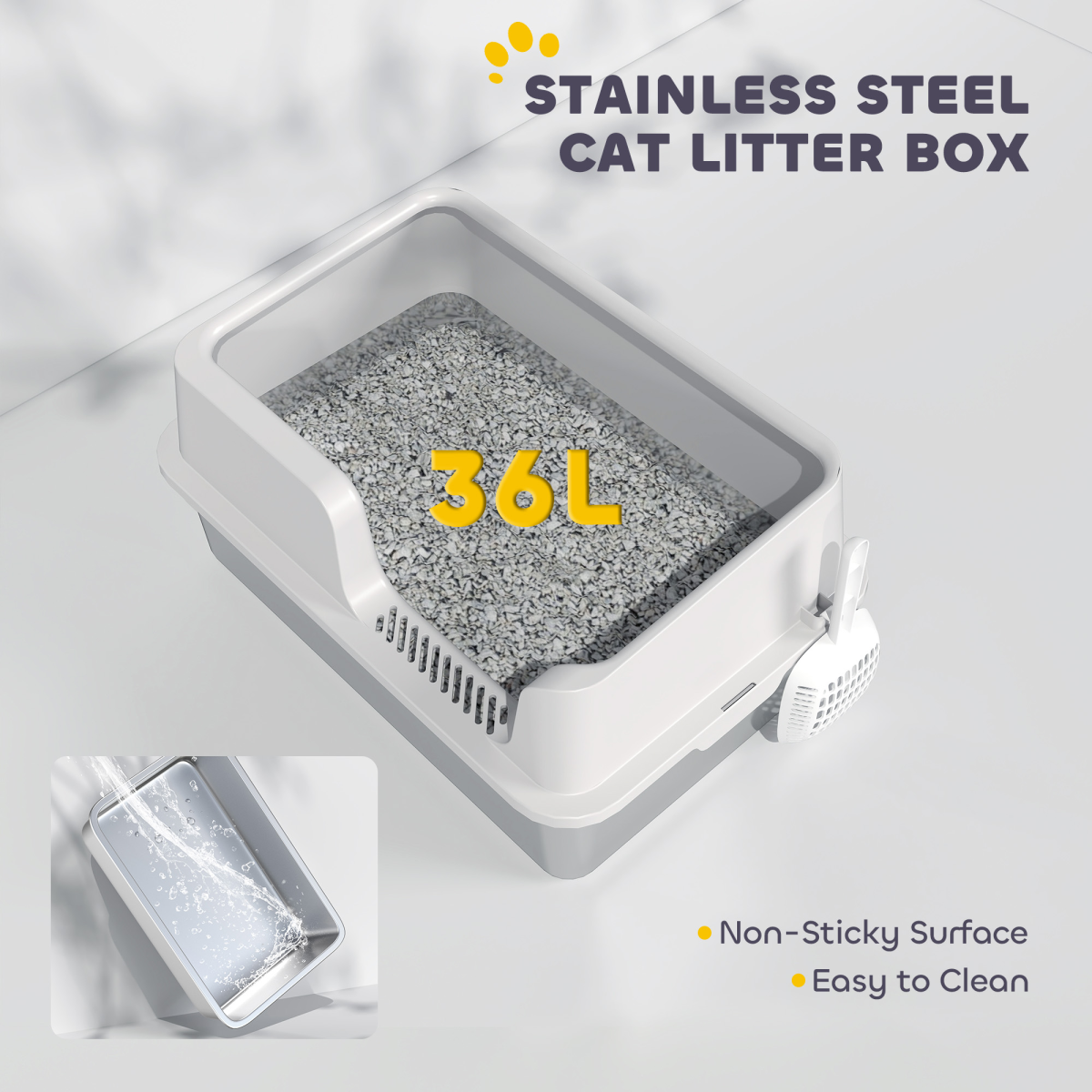 PawHut Stainless Steel Cat Litter Box with High Sides, Sand Drop Area & Scoop – Extra Large, Grey