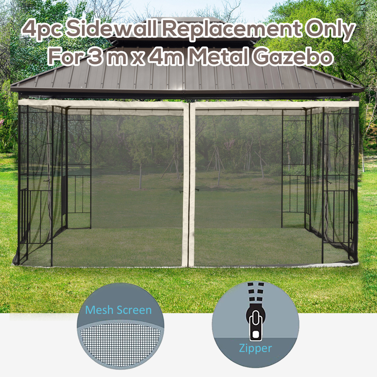 Outsunny 4-Panel Gazebo Mesh Netting with Zips, 352 x 207cm – Universal Replacement Screen Walls