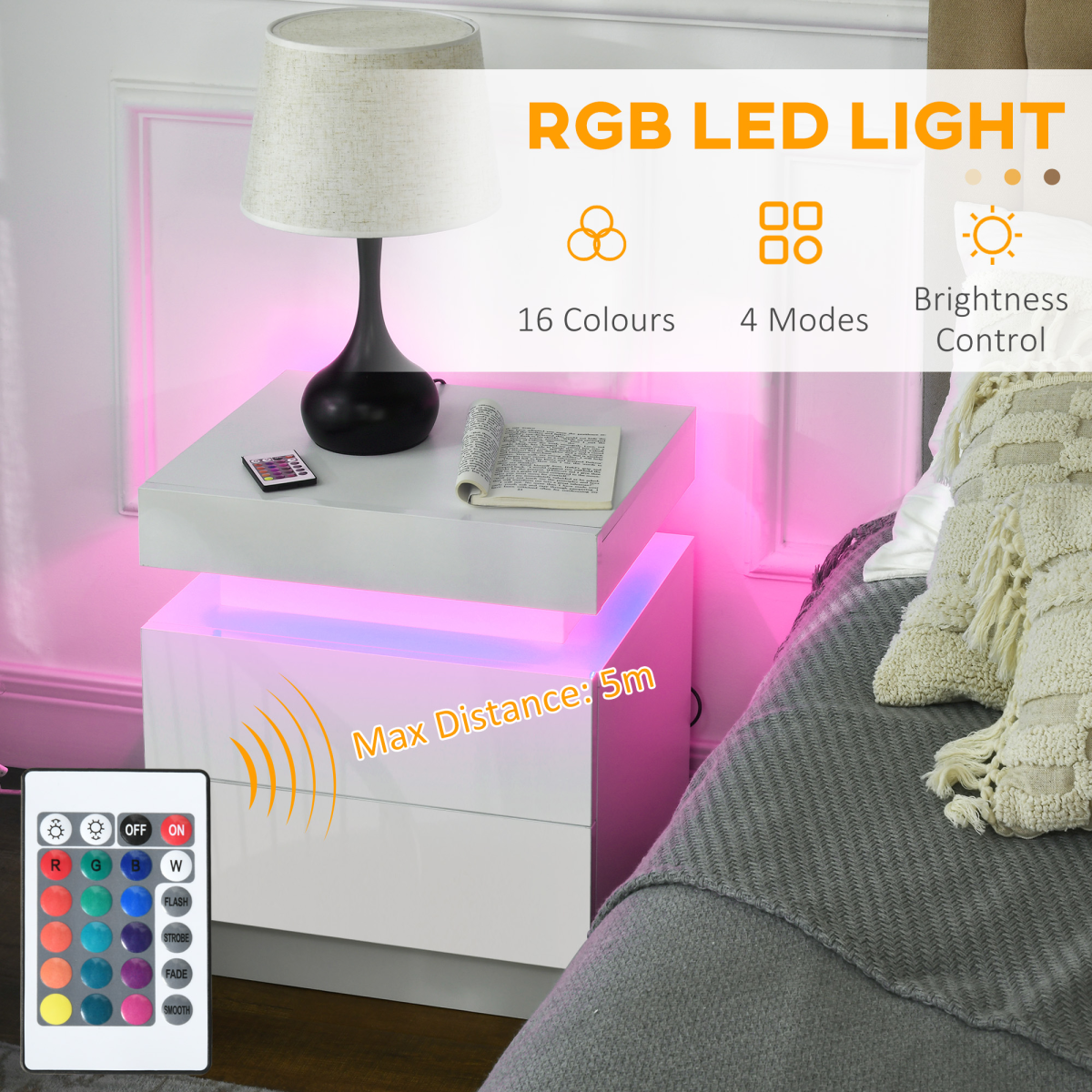 HOMCOM White High Gloss Bedside Table with LED Light Strip and 2 Drawers – Bedroom Nightstand with Storage