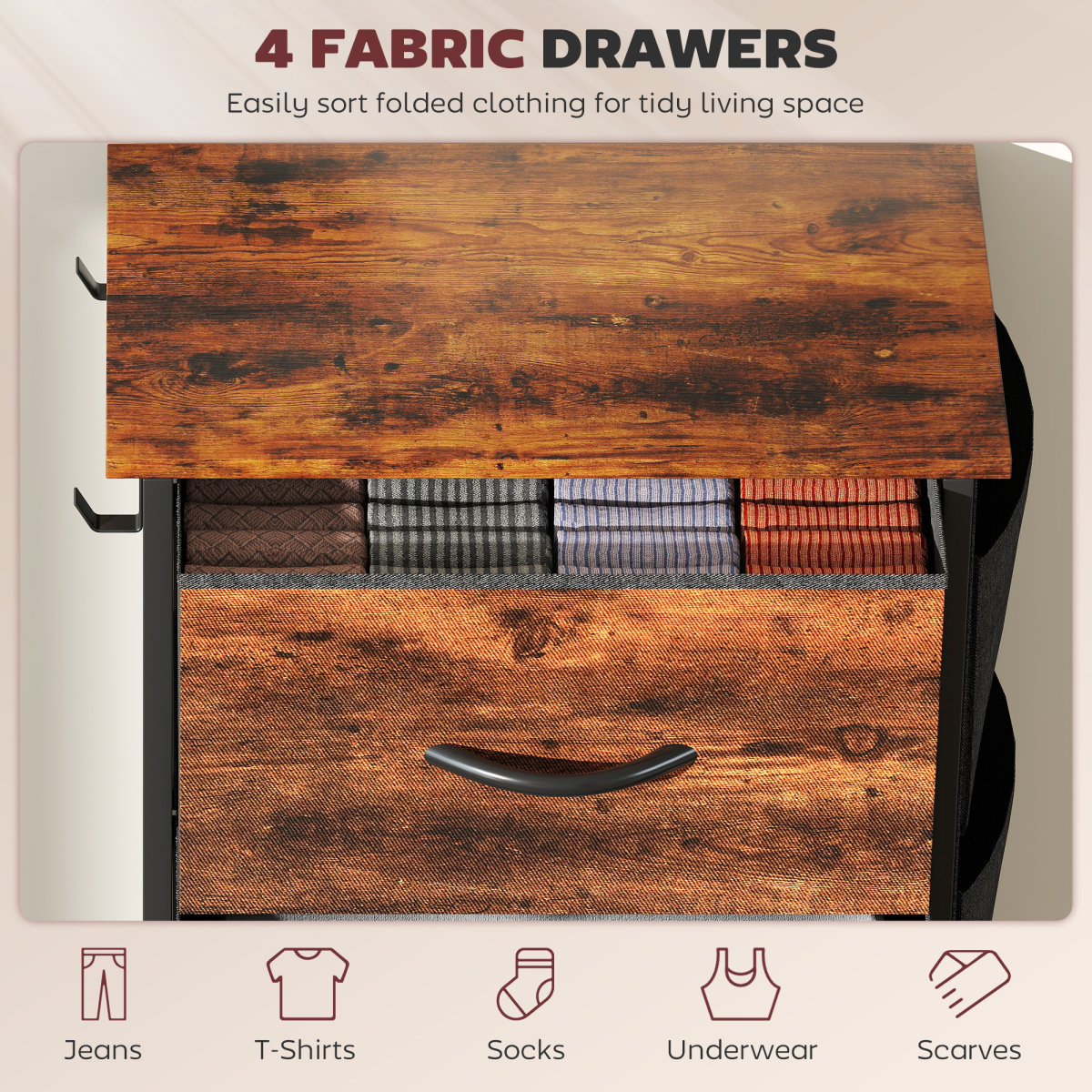 Fabric Chest of Drawers with 4 Foldable Drawers, Side Pockets & Hooks – Bedroom Storage, Rustic Brown