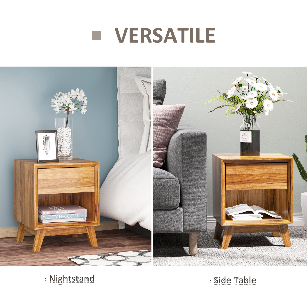 HOMCOM Bedside Table with Drawer & Bottom Shelf – Wood-Effect MDF Storage Organiser for Bedroom