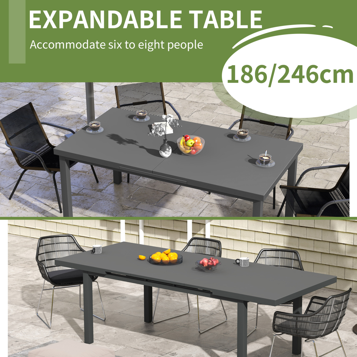 Outsunny Extending Outdoor Garden Table for 6–8 with Tempered Glass Top & Aluminium Frame – Patio Dining, Charcoal Grey