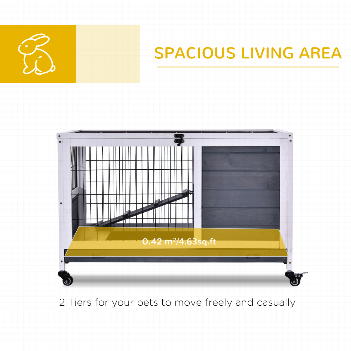 PawHut Indoor Two-Floor Wooden Rabbit Hutch with Wheels, Ramp & Pull-Out Tray – Guinea Pig Cage
