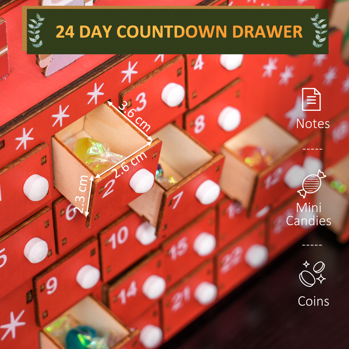 HOMCOM Advent Calendar with 24 Fillable Drawers – Santa Sleigh Christmas Countdown Calendar, Red