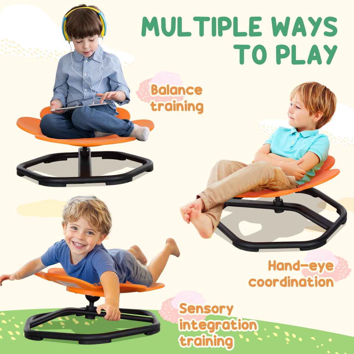 Kids Sensory Spinning Chair with Non-Slip Base – Swivel Seat for Balance & Coordination, Ages 3–6, Orange