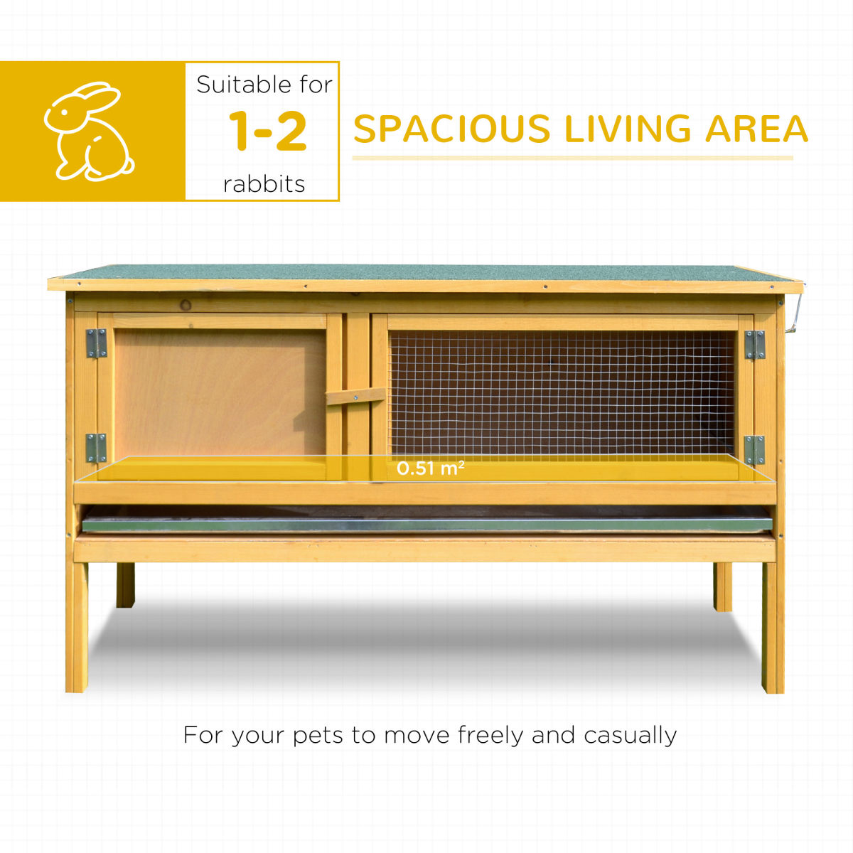 PawHut Wooden Rabbit Hutch with Hinged Top and Slide-Out Tray – Outdoor Small Animal House, Yellow and Green