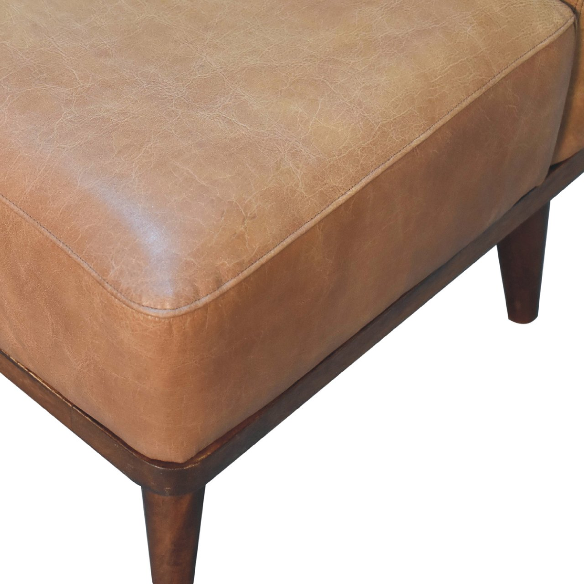 Artisan Furniture Tan Buffalo Leather Footstool with Backrest – Upholstered Seat, Solid Mango Wood Legs, Brown