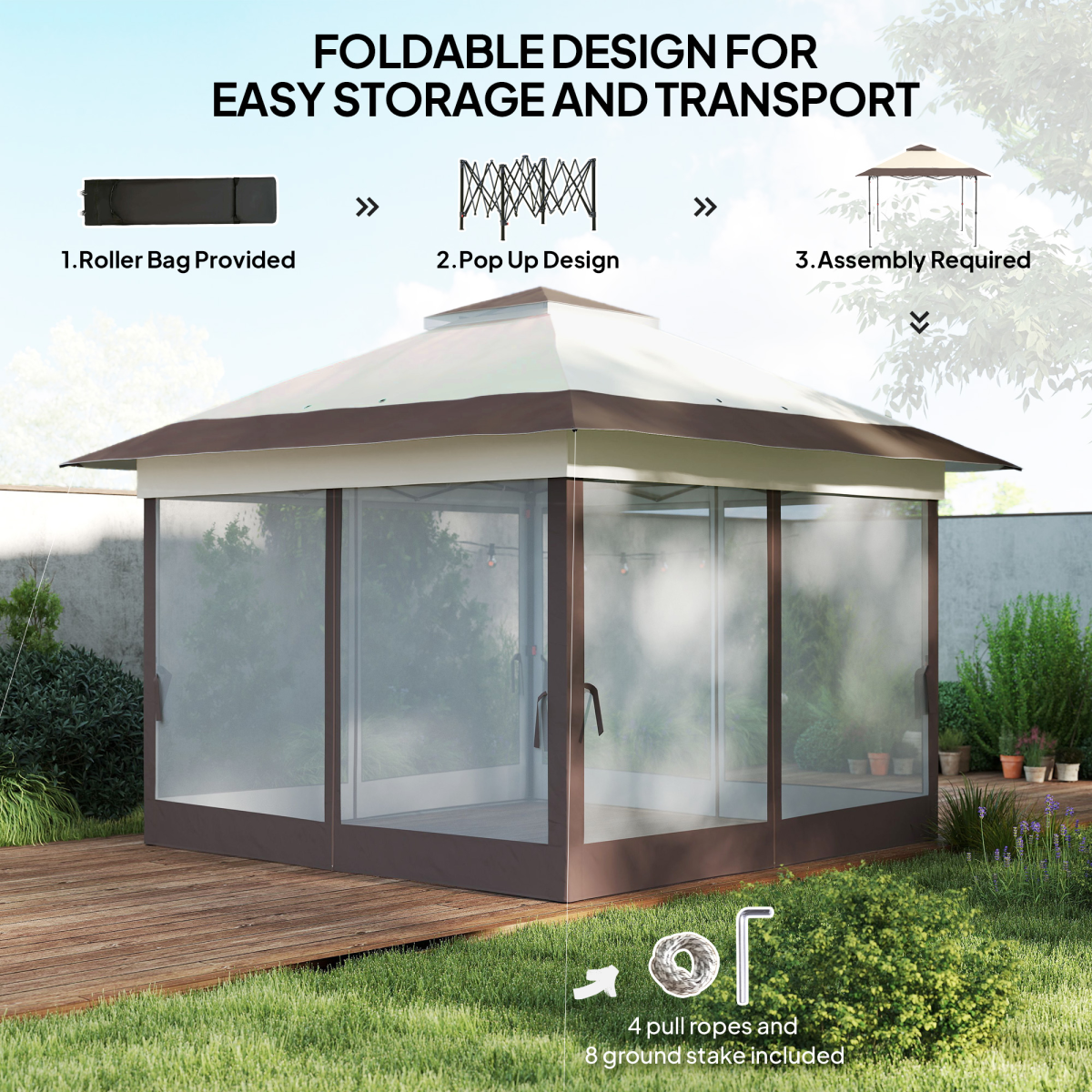Outsunny Folding Canopy Tent with 3-Level Adjustable Height, Mesh Side Walls & Roller Bag – Portable Shelter