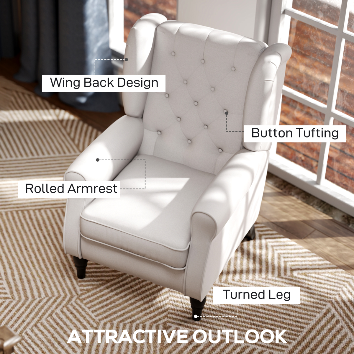 HOMCOM Retro Tufted Club Armchair with Piped Arms and Solid Wood Legs – Accent Chair, Cream White Fabric