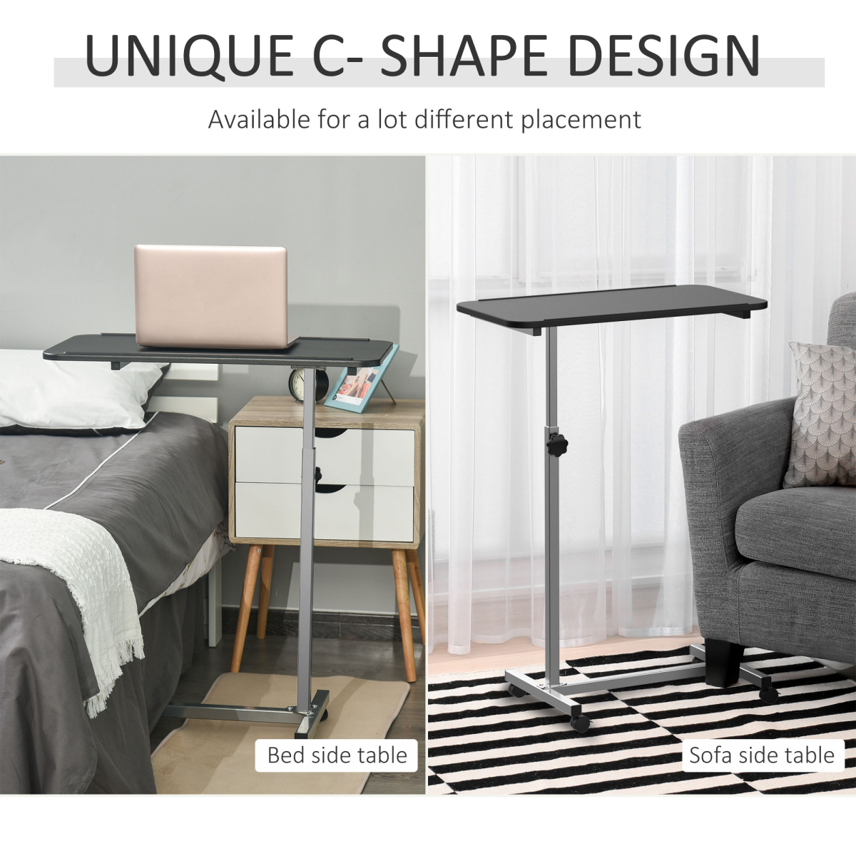 HOMCOM C-Shaped Mobile Sofa & Bedside Table with Lockable Casters – Laptop Side Table