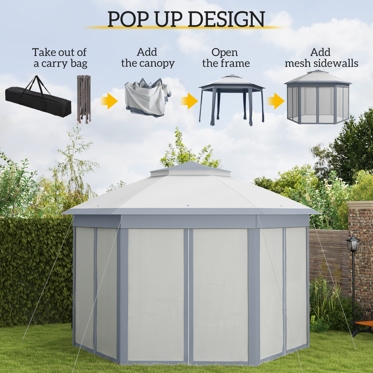 Outsunny 4 x 4m Hexagon Pop-Up Gazebo with Double Roof & Mesh Netting – Grey