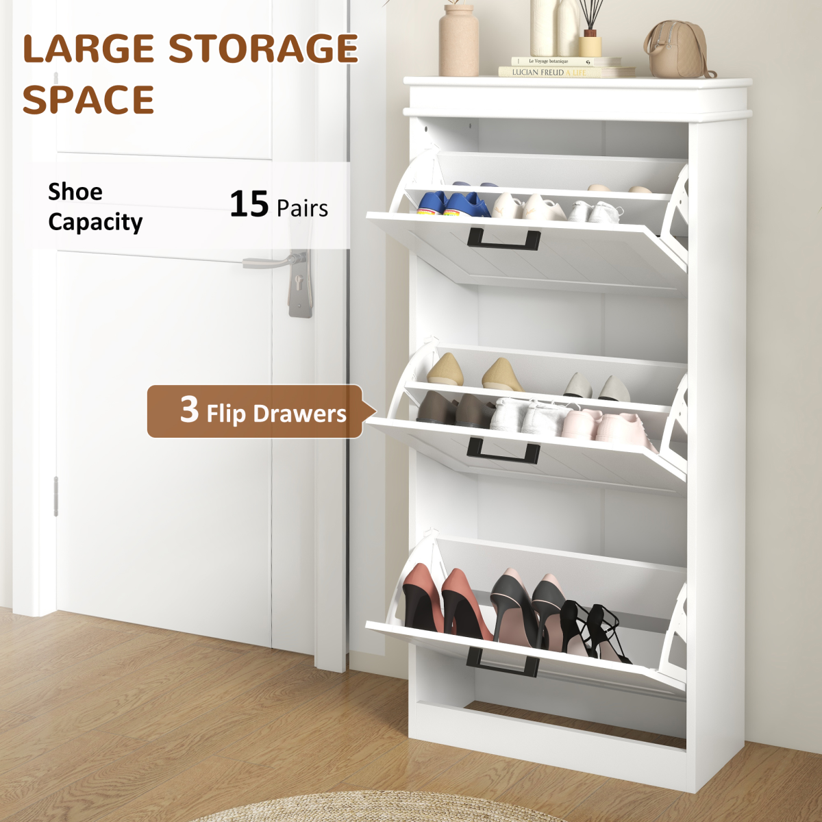 HOMCOM Slim Shoe Cabinet with 3 Flip Drawers, Holds 15 Pairs – Space-Saving Hallway Storage, White