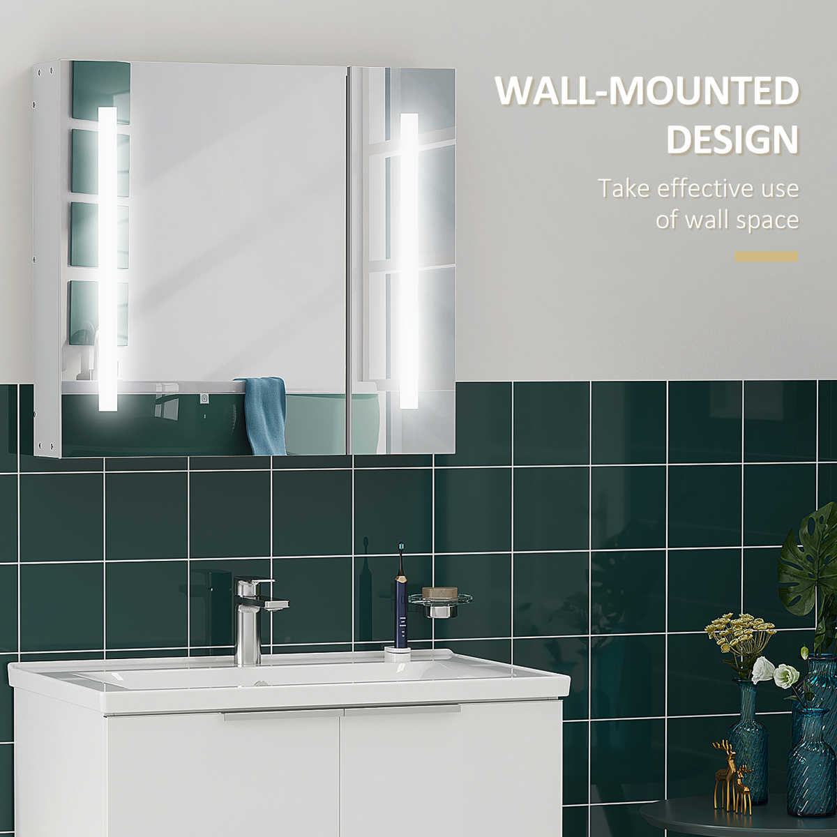 kleankin LED Illuminated Bathroom Mirror Cabinet with Touch Switch – Wall-Mounted Storage, Mirrored Doors