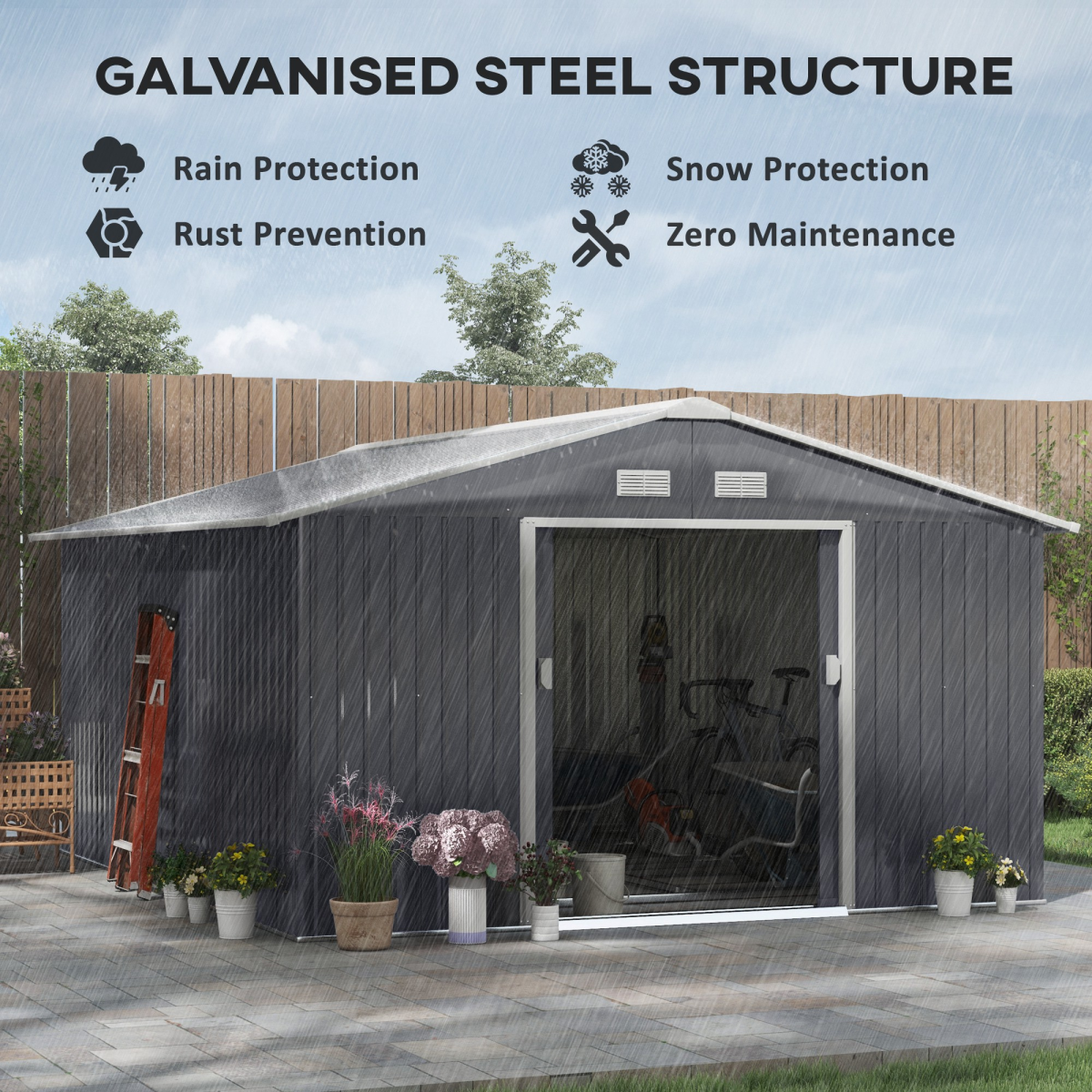 Outsunny 13 x 11FT Galvanised Steel Garden Shed with Sliding Double Door, Ventilation & Floor Foundation, Grey