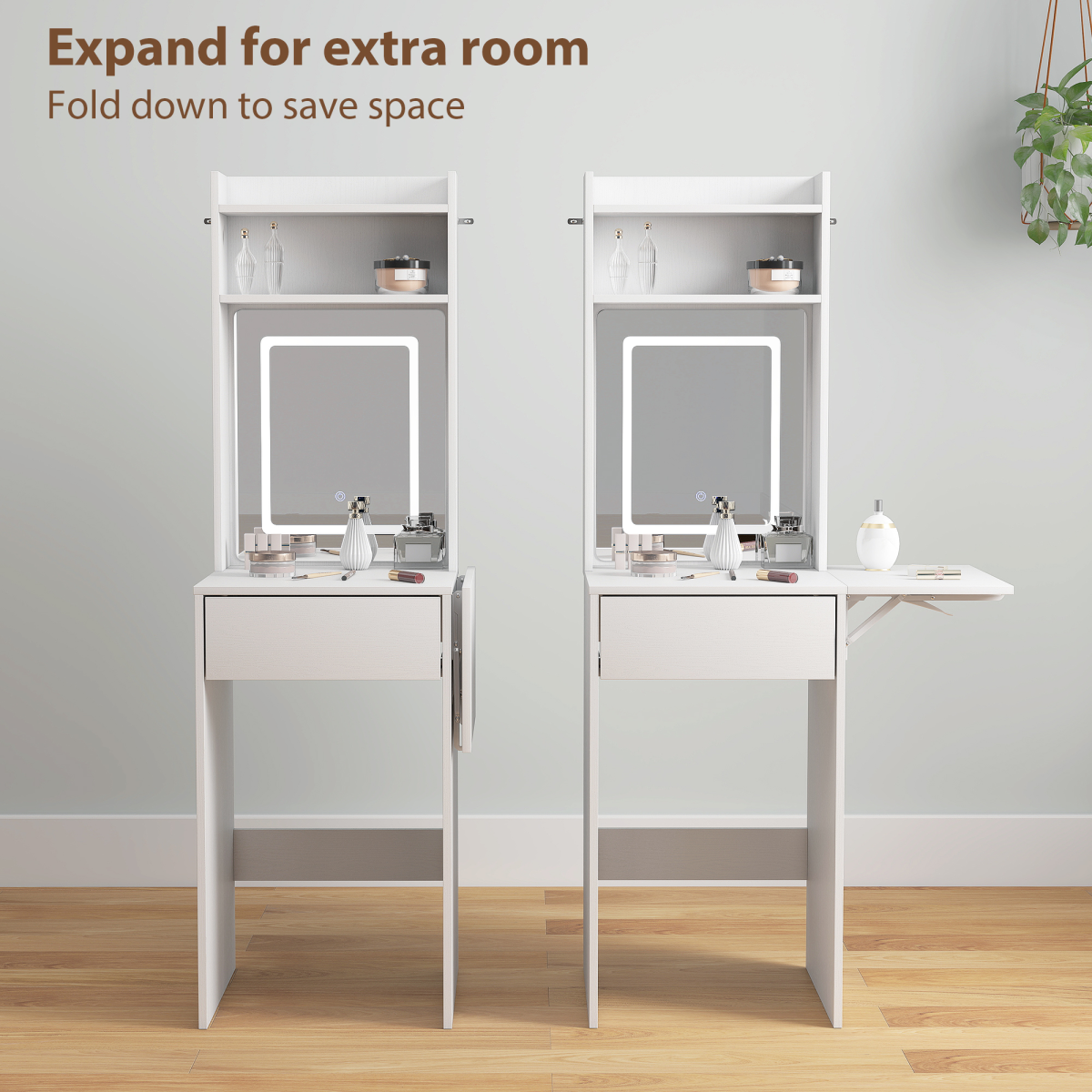 HOMCOM Compact Dressing Table with LED Lighted Mirror, Drop Leaf, Open Shelves & Drawer – White