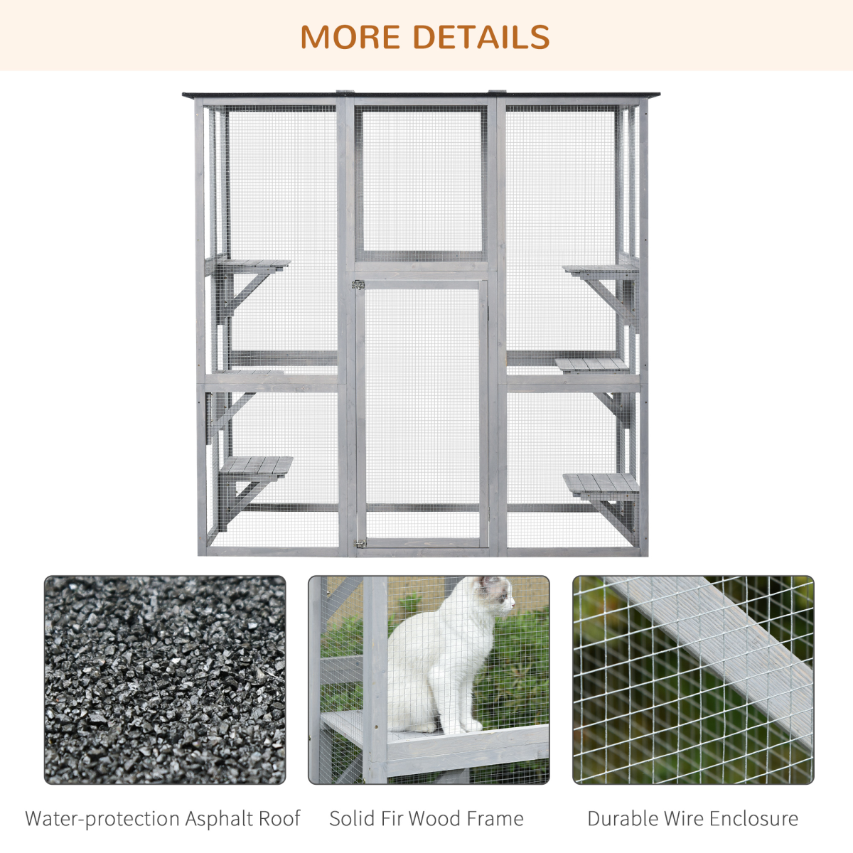 PawHut Wooden Cat House with Platforms – Enclosed Outdoor Catio for Multiple Cats, Weatherproof Roof, Grey