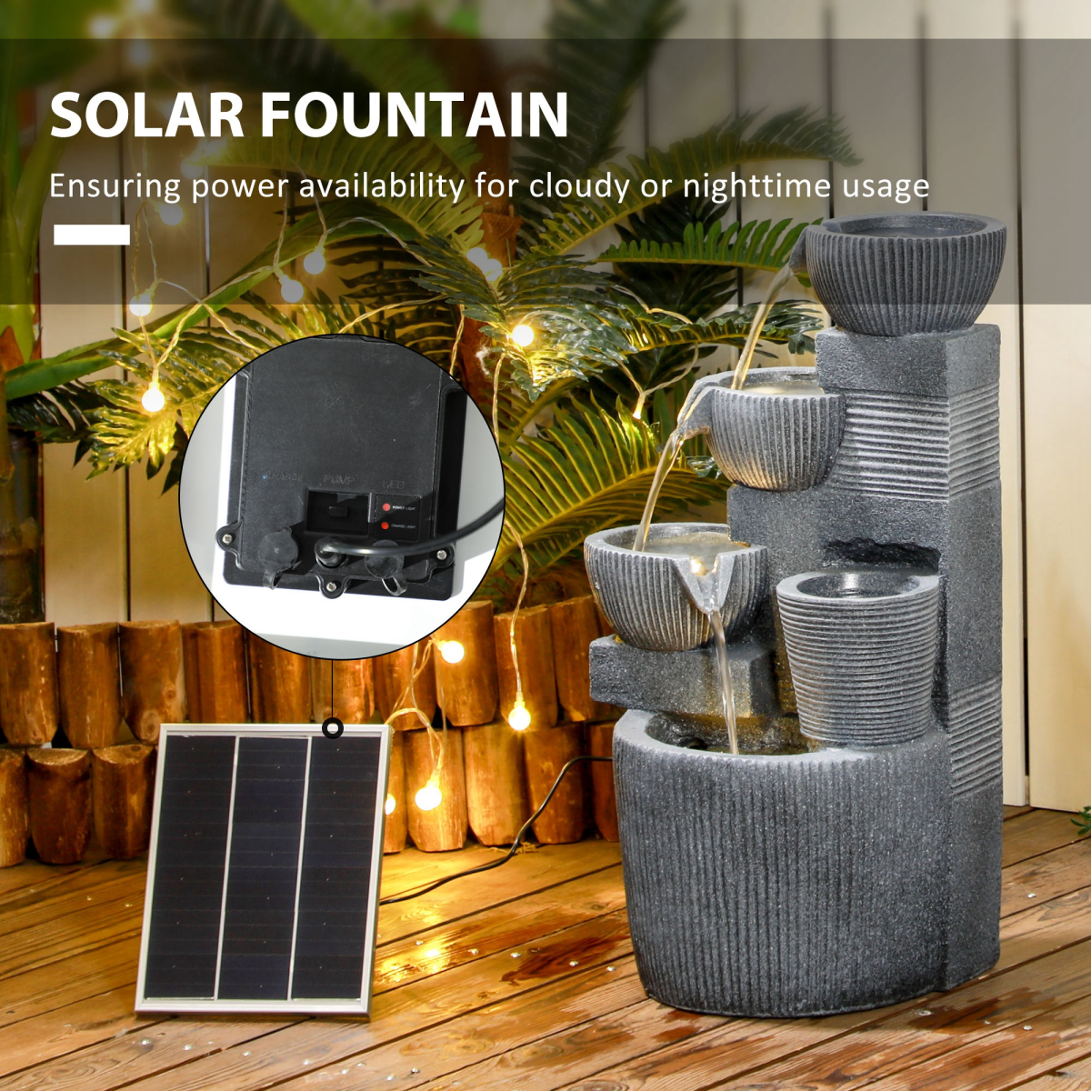 Outsunny Solar Powered Water Fountain with Waterfall, LED Lights & Flower Pot – Garden Water Feature, Dark Grey