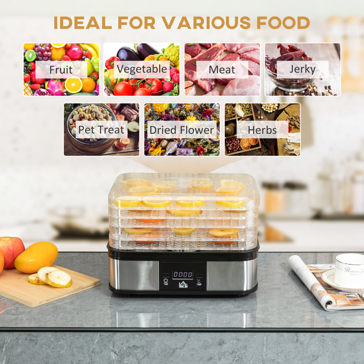 HOMCOM 5-Tier Stainless Steel Food Dehydrator with Timer & LCD – 245W for Fruit, Veg and Jerky