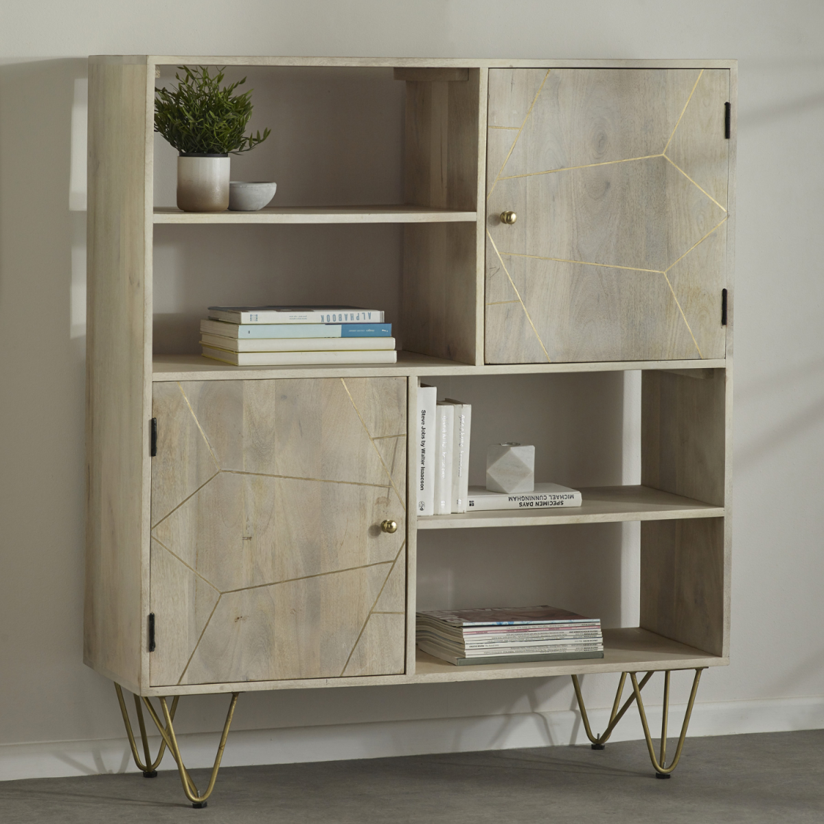 Solid Wood Display Cabinet with Light Gold Metal Inlay – Modern Storage and Display Unit
