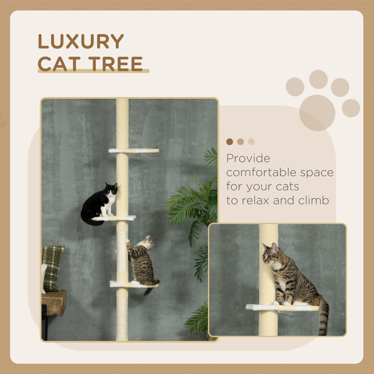 260cm Adjustable Floor-to-Ceiling Cat Tree with Jute Scratching Post and Plush Perches – Tall Cat Tower, Yellow
