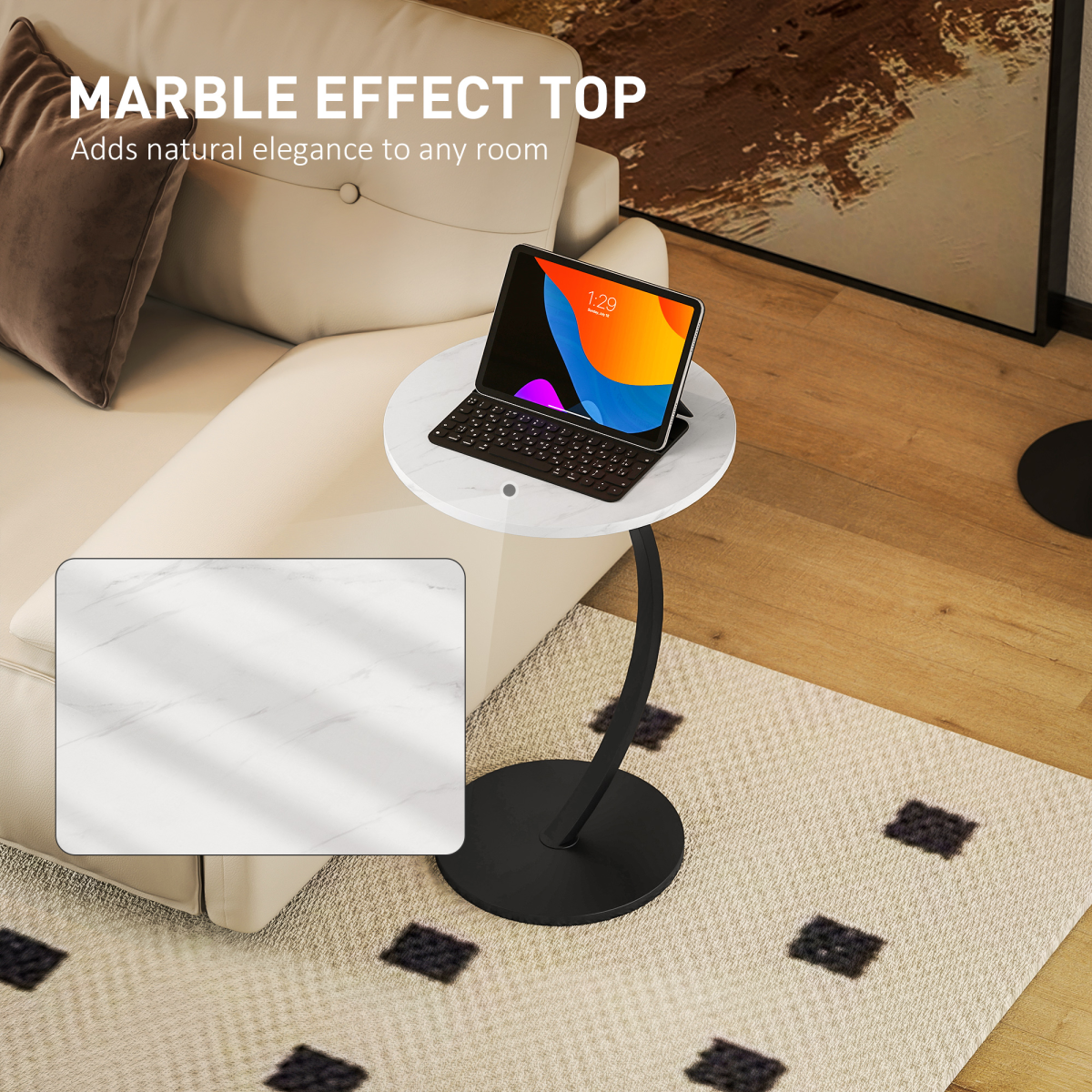 HOMCOM C-Shaped Side Table with Marble-Effect Top – Round Sofa & Bedside Table, White