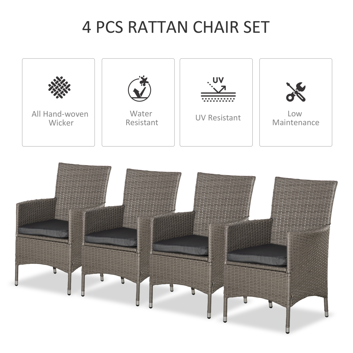 Outsunny Set of 4 Grey PE Rattan Outdoor Armchairs with 5cm Cushions – Garden Dining Seating