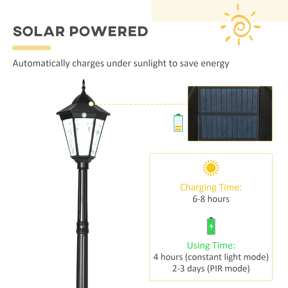 Outsunny 2.4m Solar Garden Lamp Post with Dusk-to-Dawn Sensor, IP44 Aluminium Frame – Patio Path Light