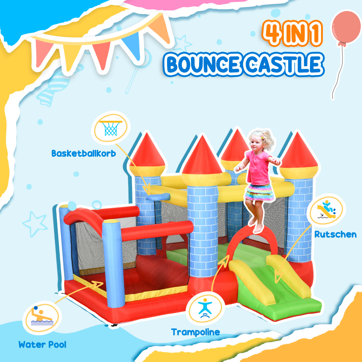 4-in-1 Bouncy Castle with Slide, Water Pool & Basketball Basket – Kids Garden Inflatable with Blower