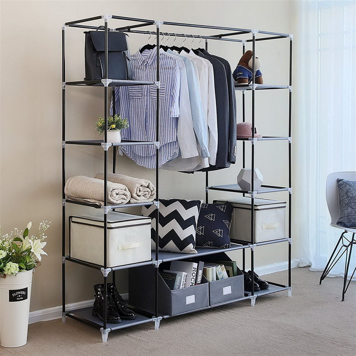 Portable Fabric Wardrobe with Hanging Rail, 12 Shelves & Dustproof Cover, 147 x 44 x 174cm, Grey