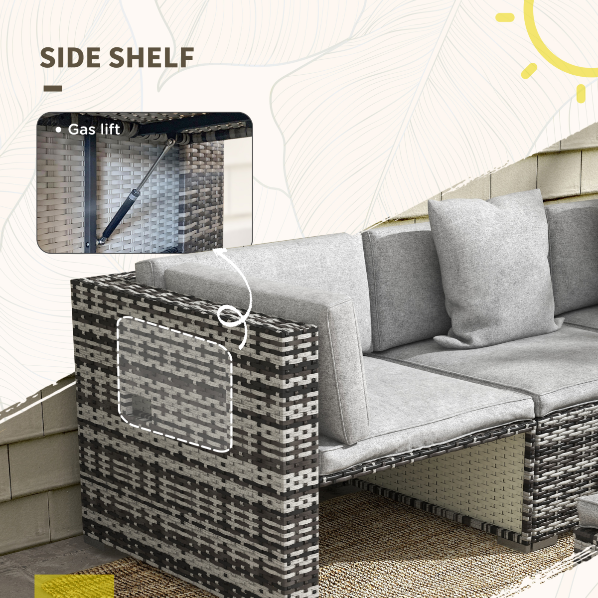 Outsunny 7-Piece Rattan Garden Furniture Set with Lift-Up Storage Shelves, Glass-Top Coffee Table & Stools – Patio Sofa Set, Mixed Grey