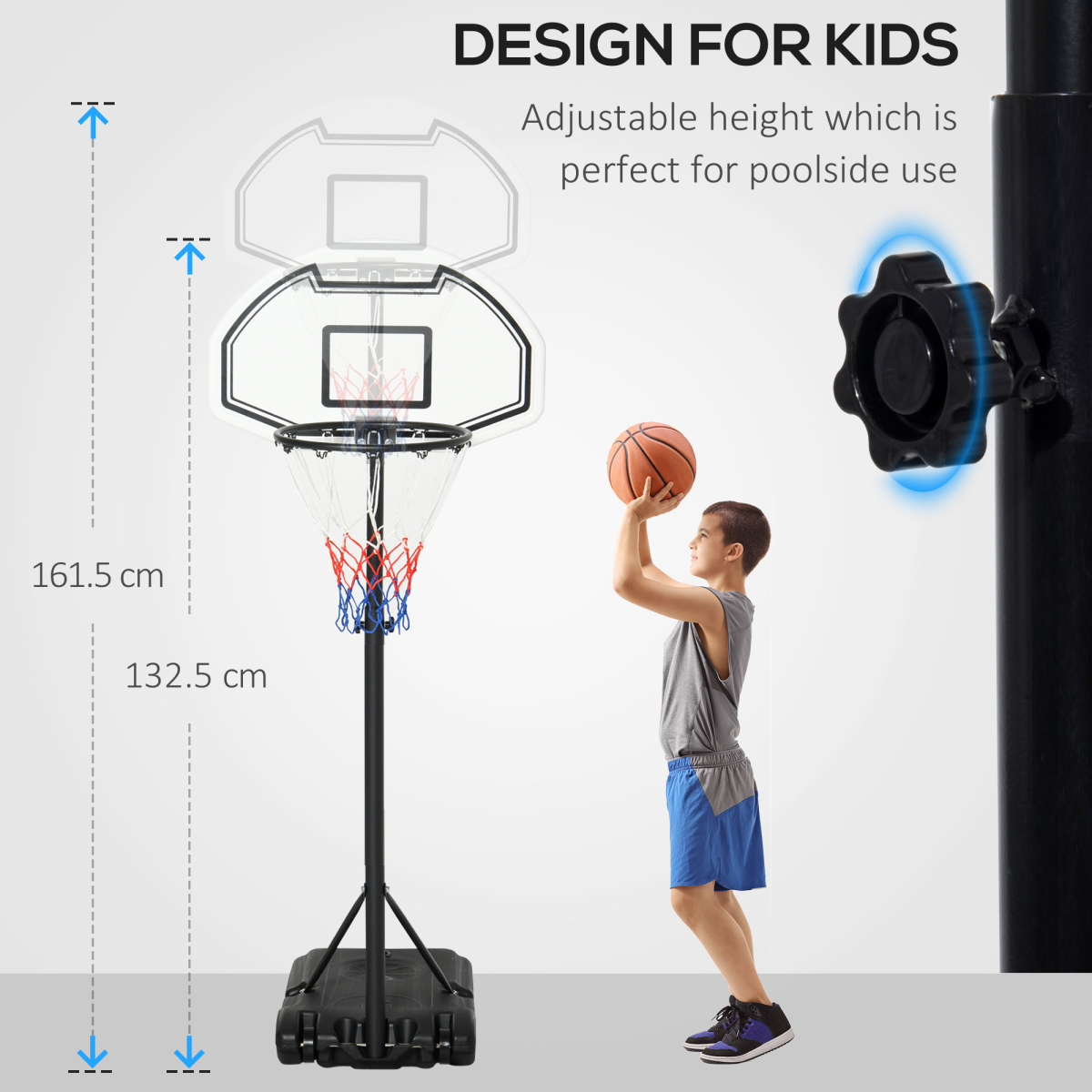 HOMCOM Poolside Basketball Hoop and Stand with Height-Adjustable Hoop 94-123cm, Water or Sand Fillable Base