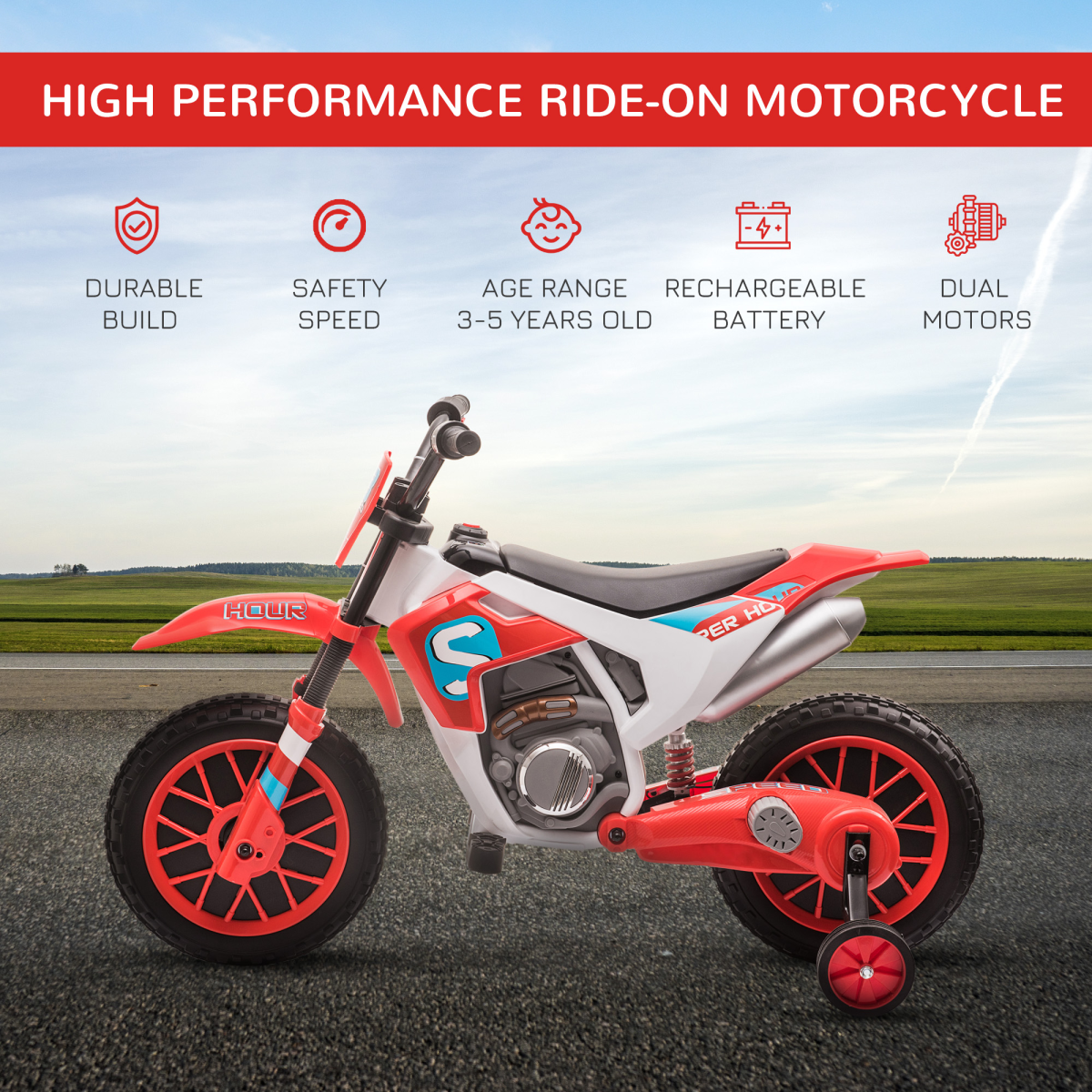 HOMCOM Kids Electric Motorbike Ride-On with Training Wheels, 3-8km/h – Battery-Powered Toy for Ages 3-5, Red