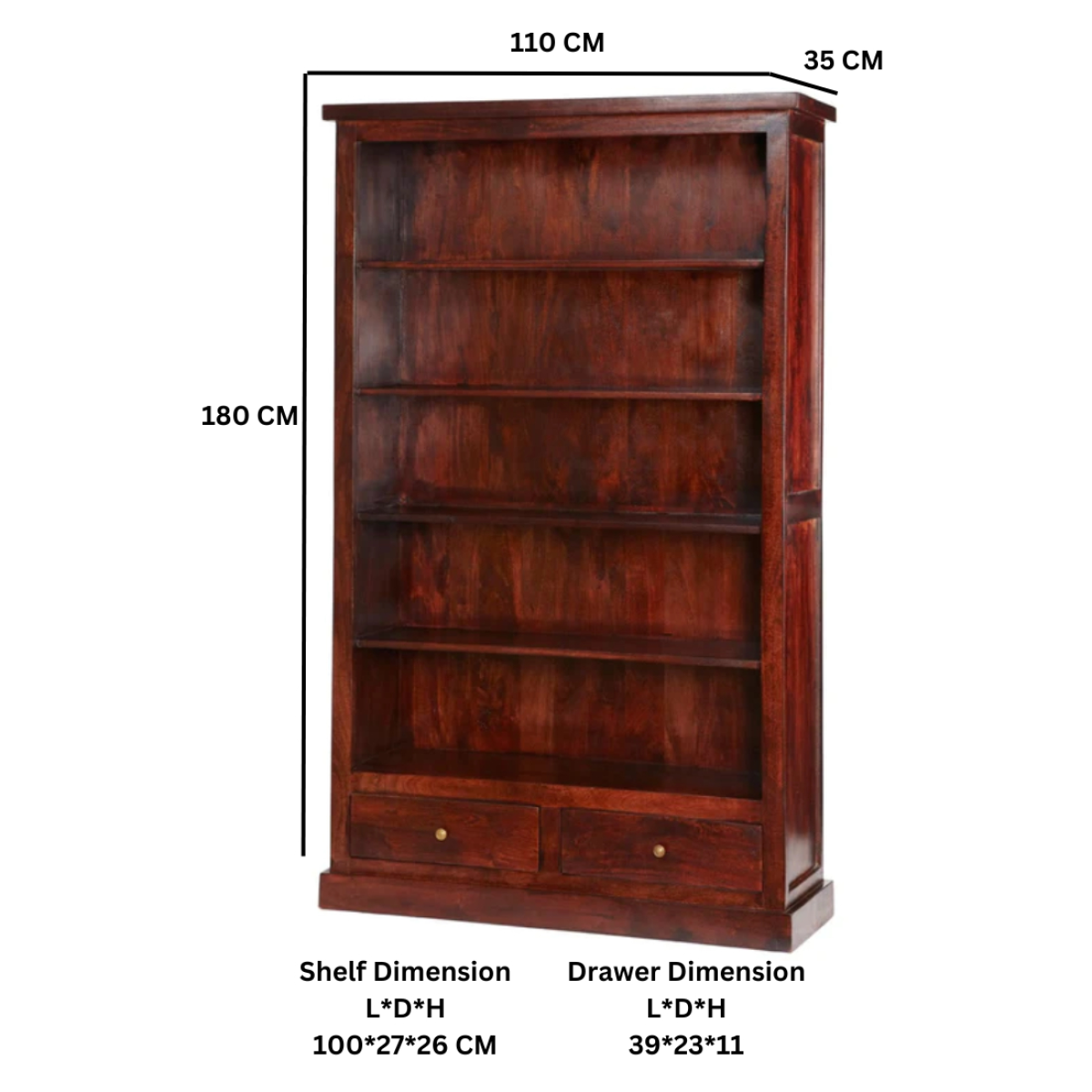 Jaipur Dark Mango Wood Large Bookcase with 2 Drawers – Handmade Five-Shelf Storage Unit