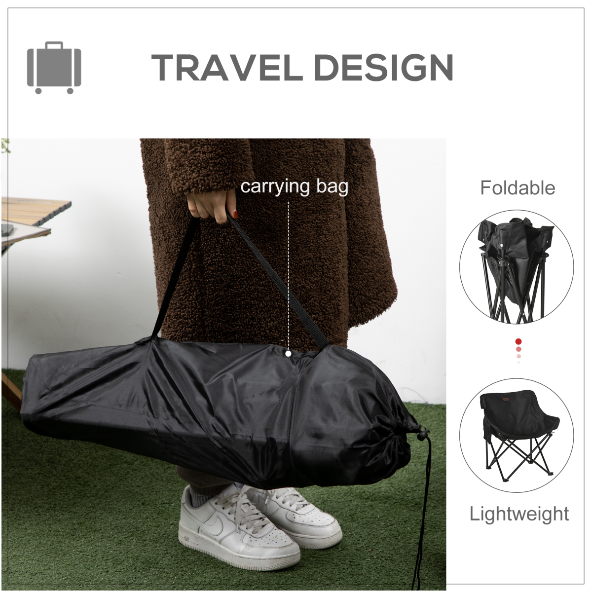 Outsunny Folding Camping Chair with Carry Bag & Side Mesh Pocket – Portable Outdoor Seat, 110kg Capacity, Black