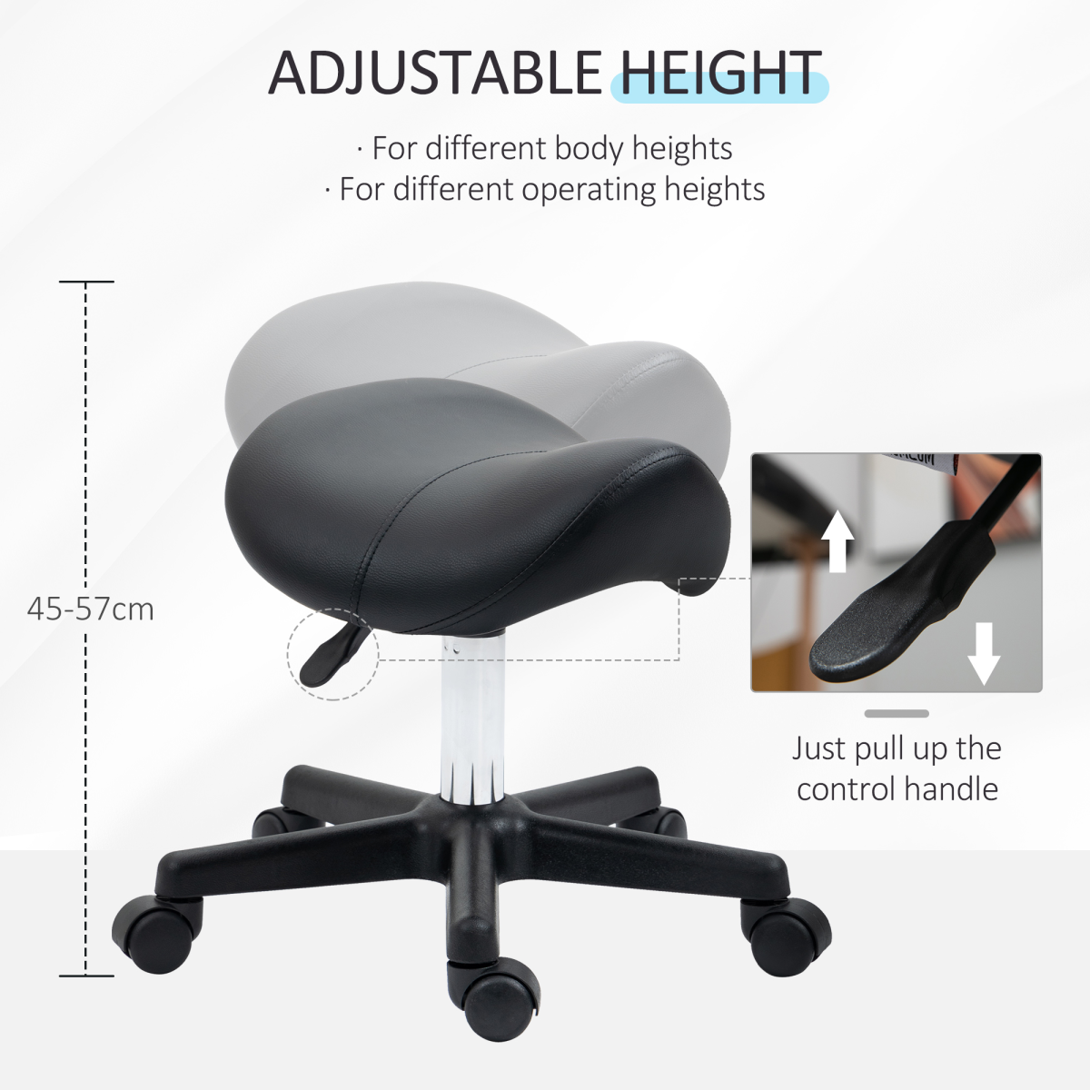 HOMCOM Saddle Stool in PU Leather, Adjustable 45–57cm Height, Steel Frame, 5 Wheels – Rolling Salon Chair