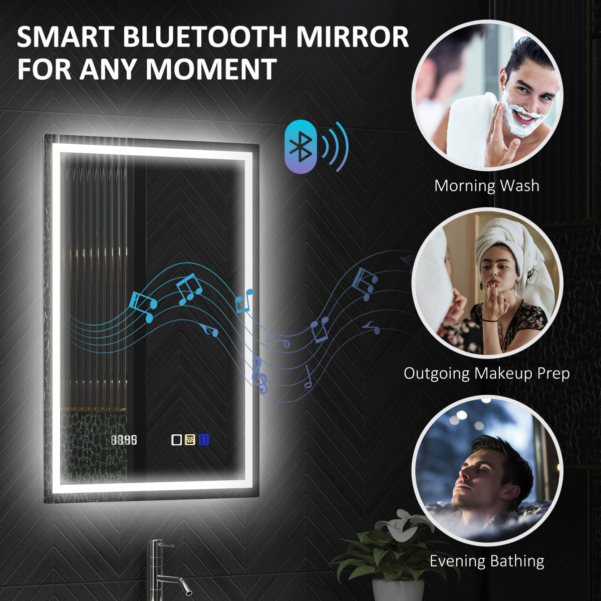 HOMCOM LED Bathroom Mirror 70 x 50cm with Bluetooth Speaker, Clock & Demister – Dimmable 3 Colour Light