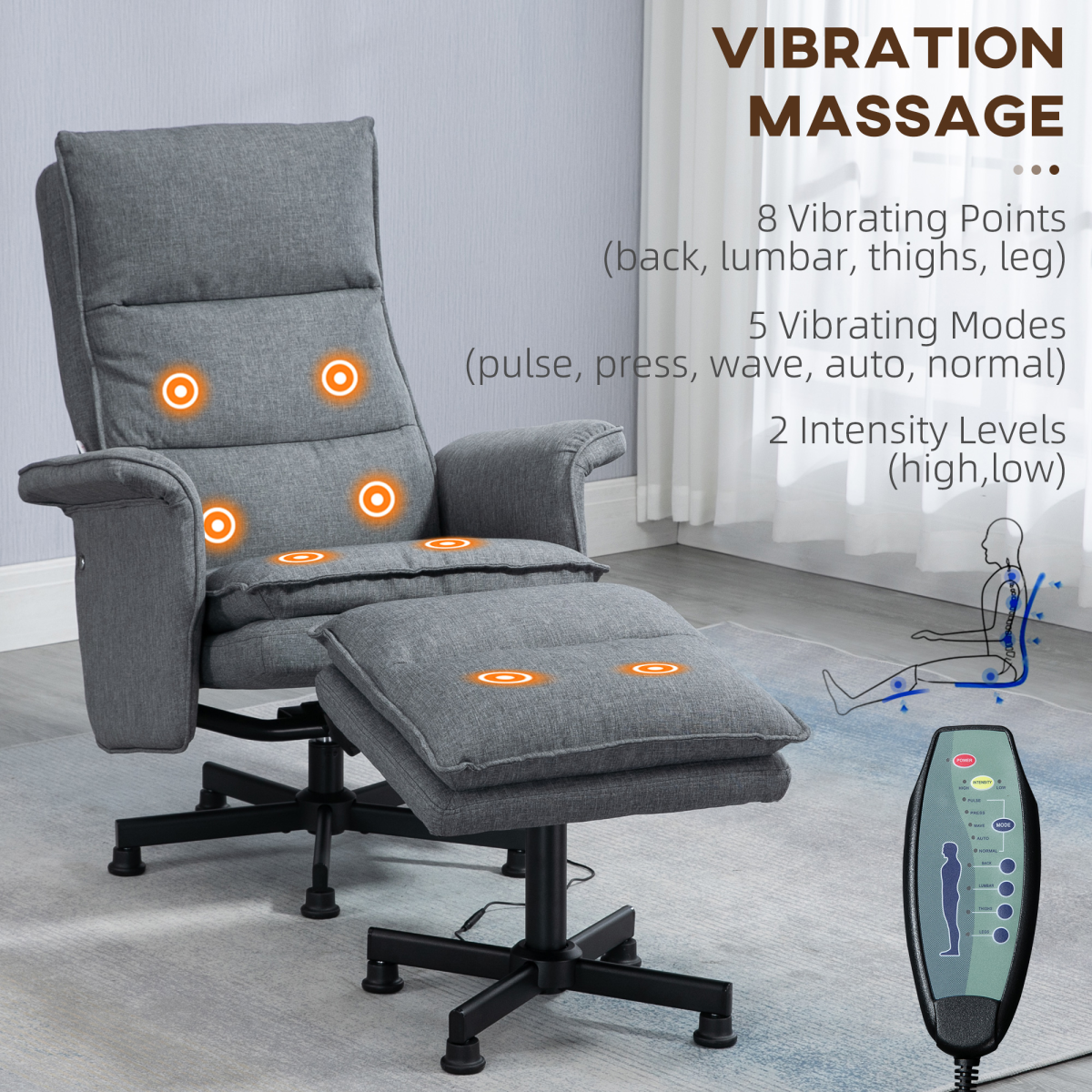 HOMCOM Swivel Recliner Chair with Footstool, 8-Point Massage & Remote Control – Linen-Look Armchair, Grey