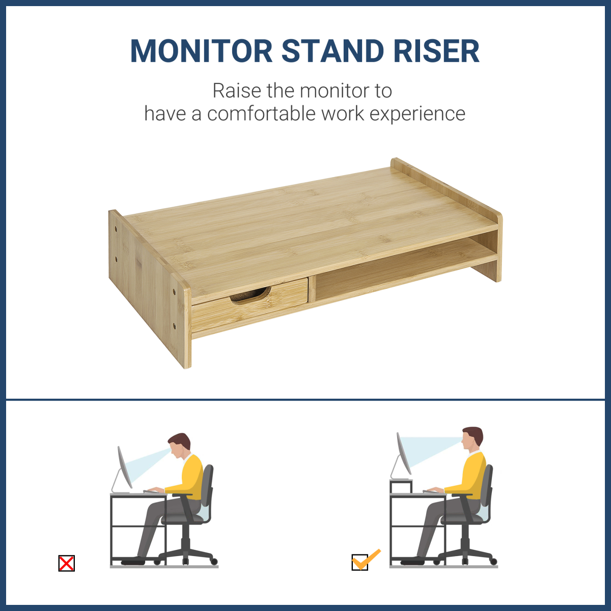 HOMCOM Bamboo Monitor Riser with Drawer – Desktop Organiser Stand for Laptop and PC, Natural