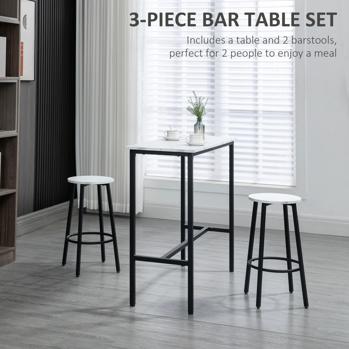 HOMCOM 3 Piece Bar Table Set for 2 with Stools & Footrests, Steel Frame – Kitchen Breakfast Bar Set, White