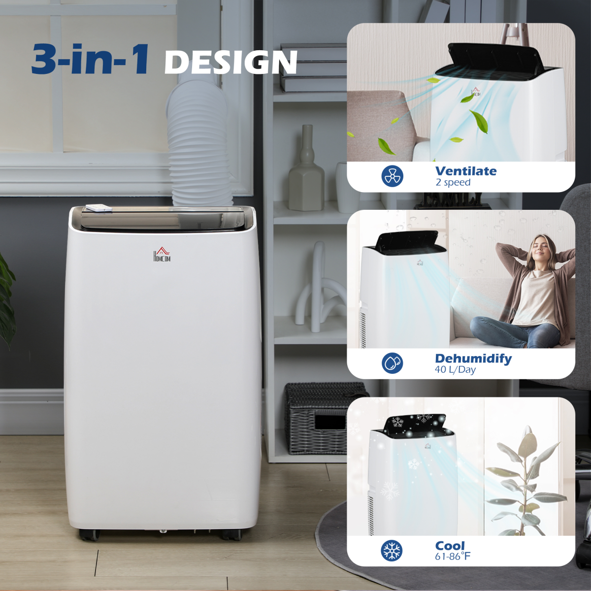 HOMCOM 14,000 BTU Portable Air Conditioner with Remote, 24H Timer and 3 Speeds – Cooling and Dehumidifying