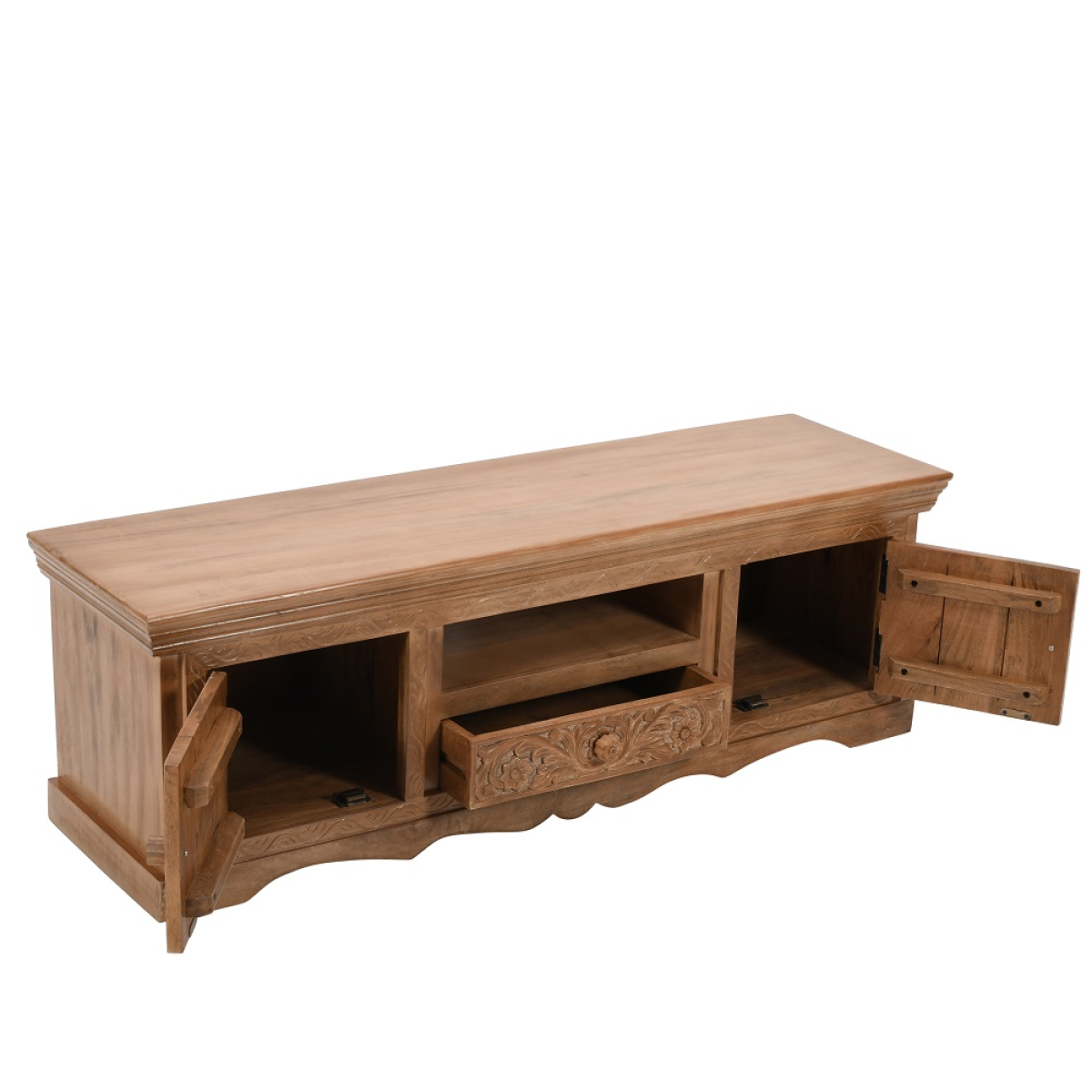 Artwork Carved Solid Mango Wood TV Cabinet with Media Storage – Handcrafted Artisan Living Room Unit