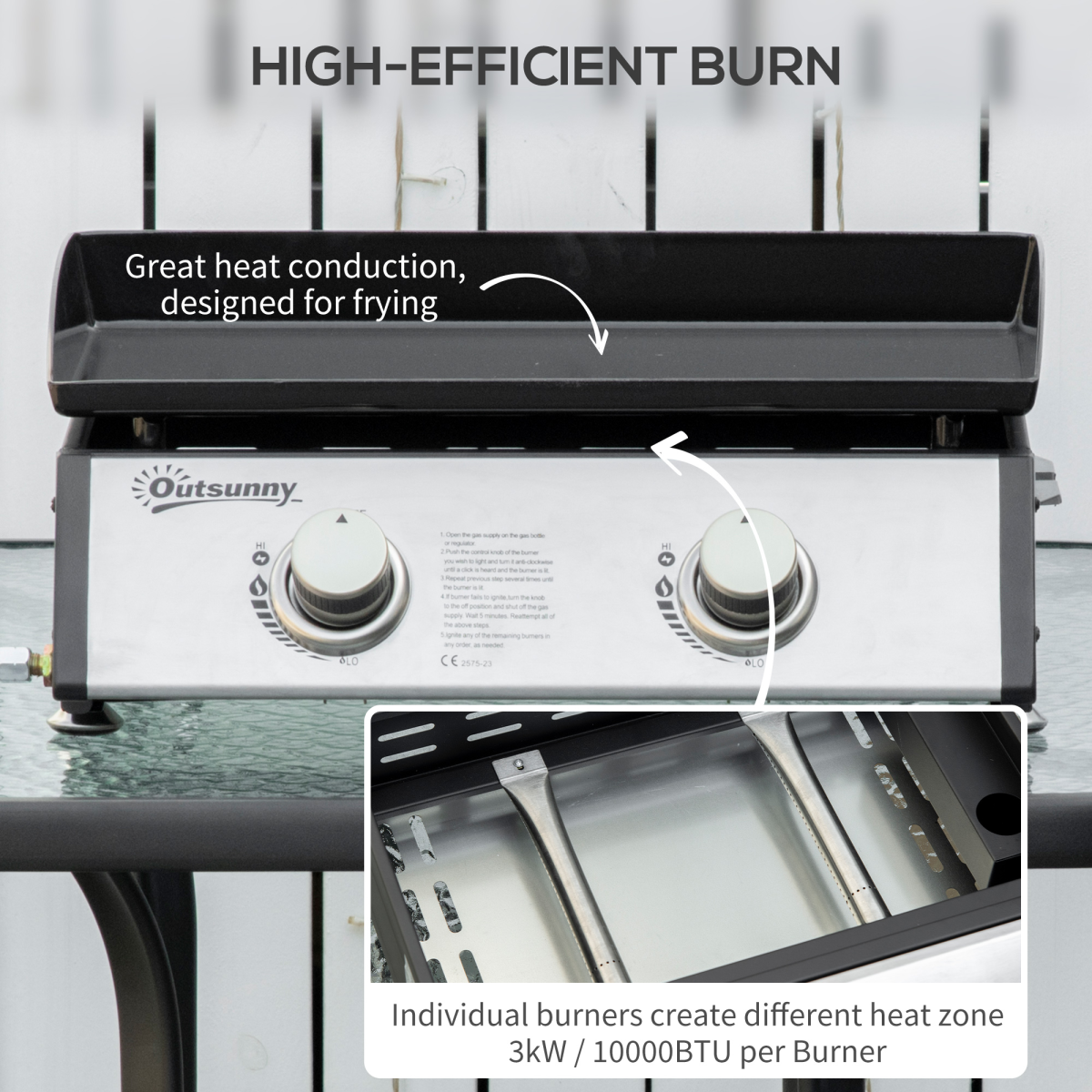 Outsunny Portable Gas Plancha BBQ Grill with 2 Stainless Steel Burners, 6kW – Non-Stick Hotplate & Grease Box